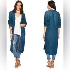 Free People Woodstock Longline Duster Fringe Open Sweater Cardigan in teal
